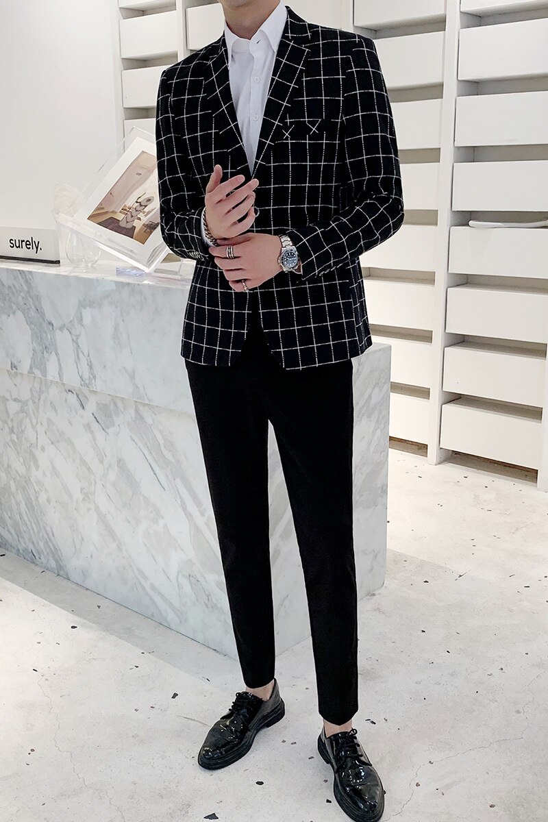 Herre jakkesæt herre blazer plus size casual herre plaid blazer jakke langærmet business jakkesæt frakker herre