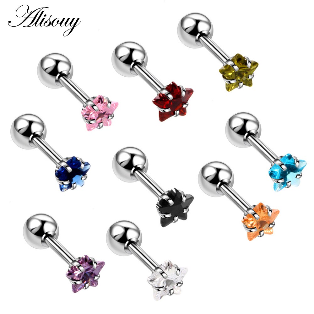 Alisouy 2pcs Star Prong set Zircon Ear Cartilage Piercing Tragus Helix Studs Piercing 1.2x6x4/4mm Stainless Steel girl Earrings