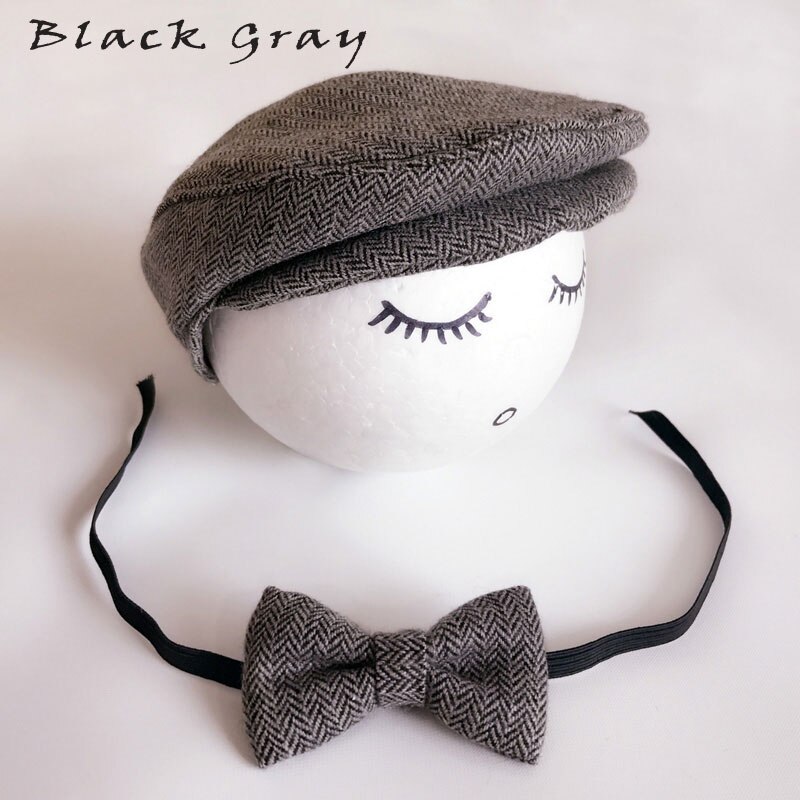 Newborn Baby Peaked Beanie Cap Hat Bow Tie Photo Photography Prop Infant Boy Caps: Black Grey