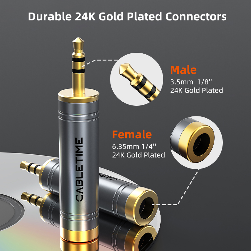 CABLETIME Jack 3,5 mm a 6,35 mm Micrófono Enchufe de audio para amplificador Altavoz Cable auxiliar Conector de 3,5 mm Aux a 6,35 mm Adaptador eléctrico