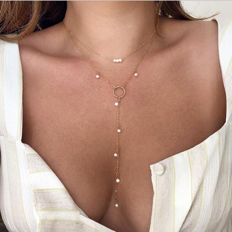 Multilayered Pearl Pendant Choker Necklace for Women Boho Sweater Chain Jewelry Female Accessories AM6058
