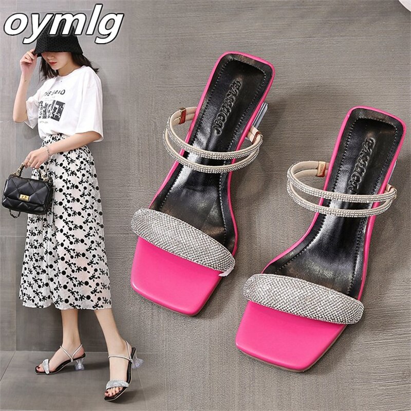 2022 summer rhinestone sandals, medium heels, thick heels, one word with two slippers, fairy high heels women&#39;s shoes