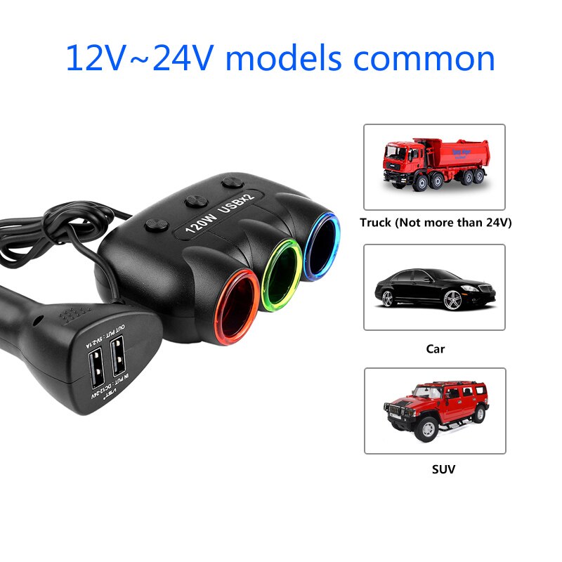 12 V-24 V 5 V/2.1A 120W Multi Socket Auto Sigarettenaansteker Splitter USB Power adapter Oplader met Schakelaar Oplader voor iPhone