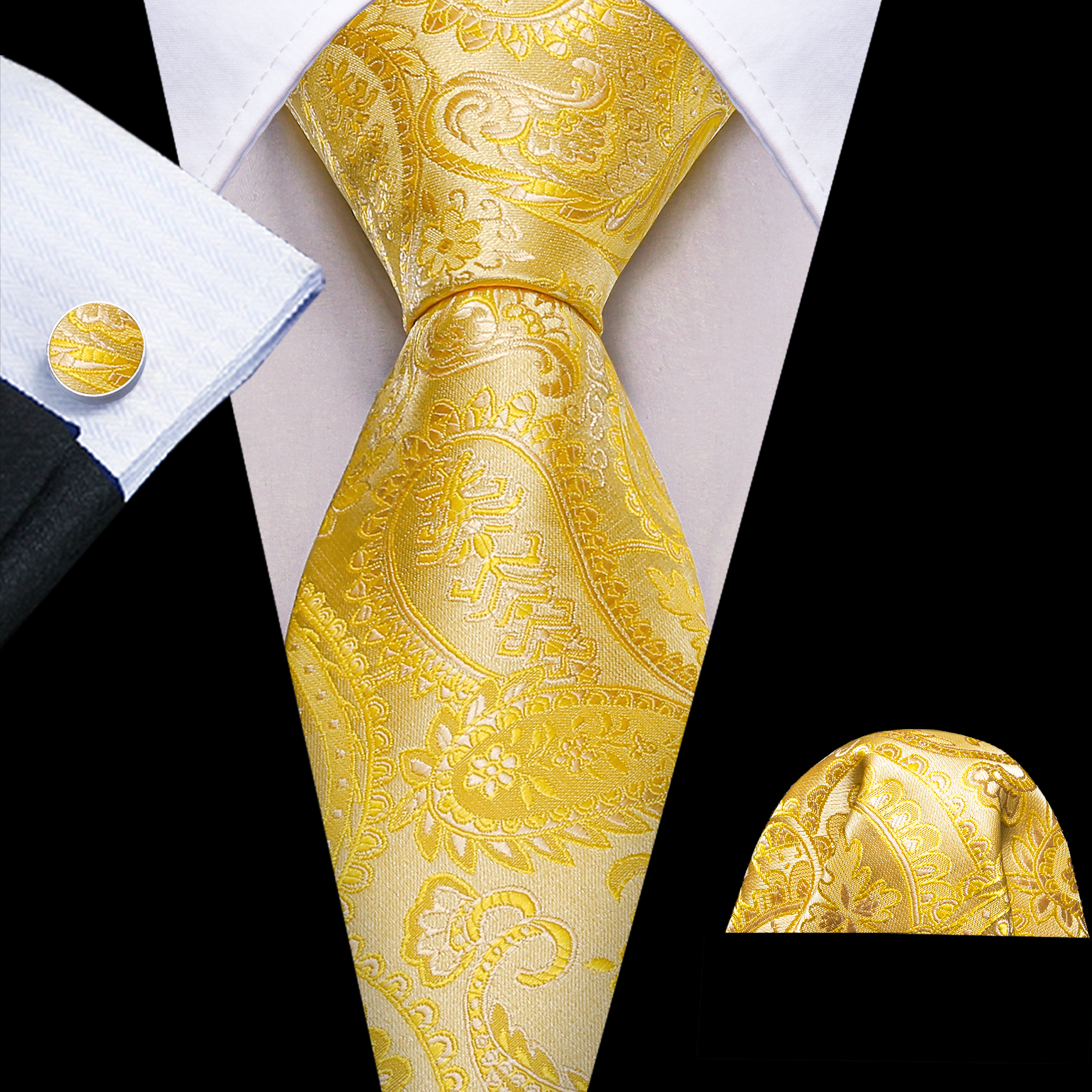 Luxury Gold Floral Ties For Men Exquisite Silk Necktie Handkerchief Cufflinks Sets Groom Wedding Business Party LN-6367