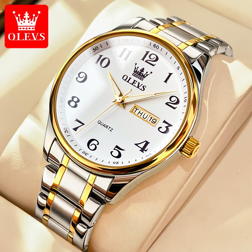 OLEVS-reloj de cuarzo clásico para hombre, cronógrafo de pulsera, esfera Digital, indicador de fecha y semana, luminoso, resistente al agua, dorado