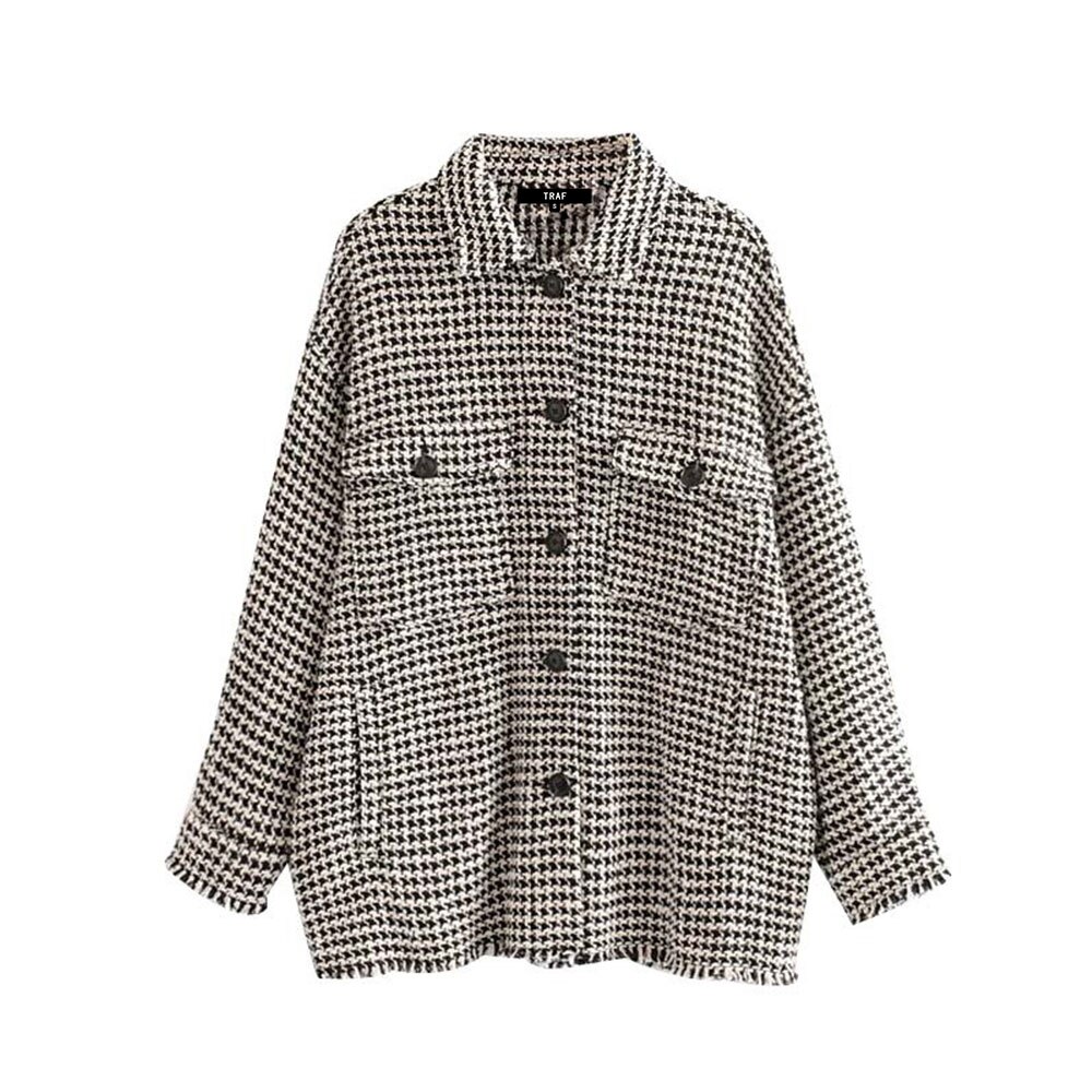 Traf Vrouwen Vintage Stijlvolle Gerafeld Kwastje Oversized Tweed Plaid Jas Mode Lange Mouwen Pockets Bovenkleding Chic Tops: XS