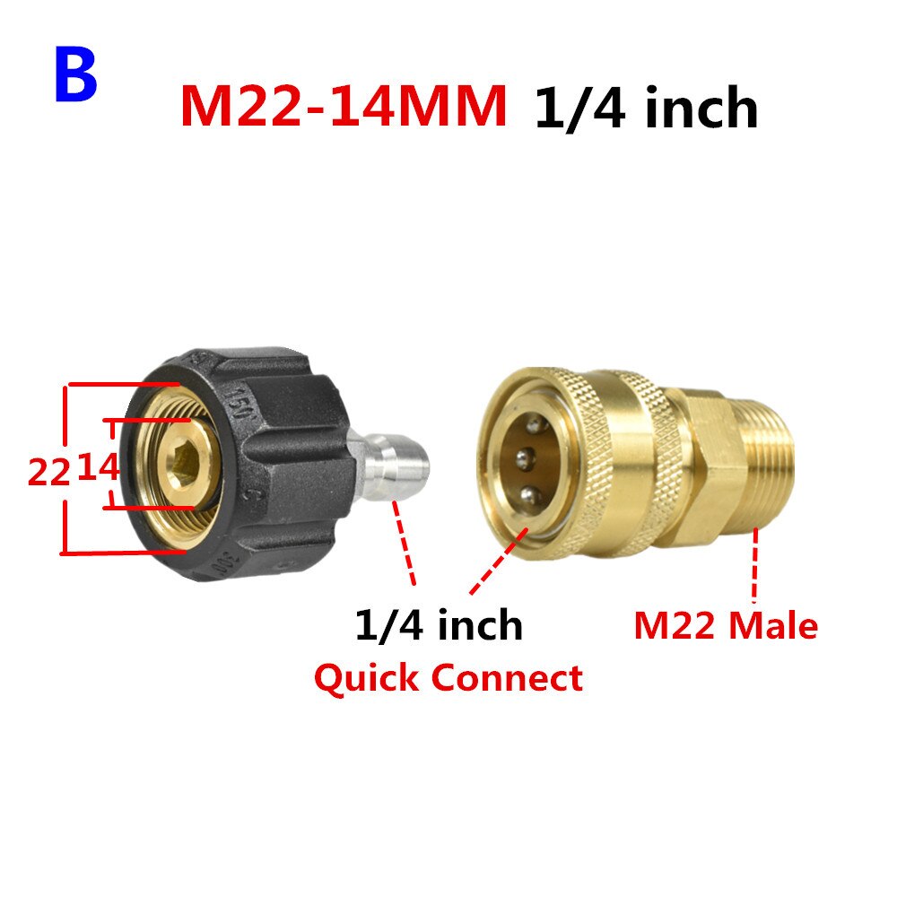HNYRI – Kit d'adaptateur de nettoyeur haute pression M22 mâle, avec embout pivotant de 14mm ou 15mm pour connexion rapide, 3/8 ou 1/4 pouces: M22 14MM G1 4 inch