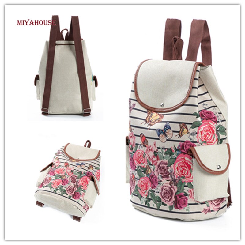 Mochila de lona con estampado Floral Retro Miyahouse para adolescentes, mochila escolar con de mariposa a rayas, mochila de viaje para niñas