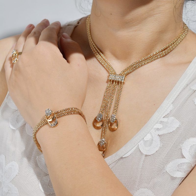 Rosa guld krystal smykkesæt kvinder brude halskæde øreringe armbånd ring rhinestone bryllup forlovelsesfest smykker