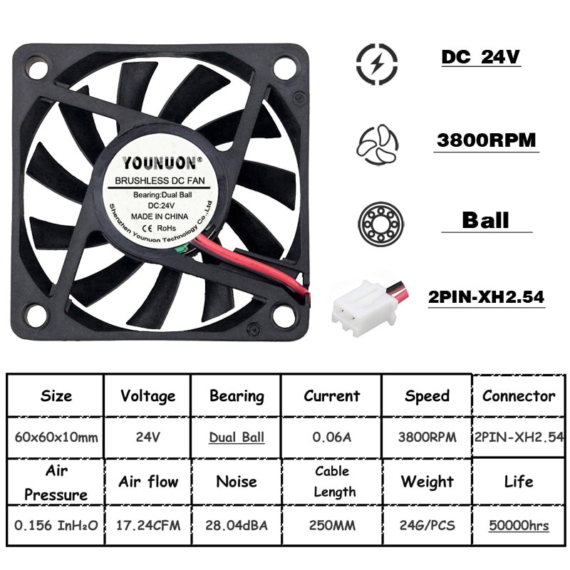 2 Stuks 5V 12V 24V 60Mm 6010 Dc Fan 60X60X10Mm 6cm Cooling Koeler Fan Computer Pc Cpu Case Cooling Kogellager Fan: 6010 24V Ball XH2.54