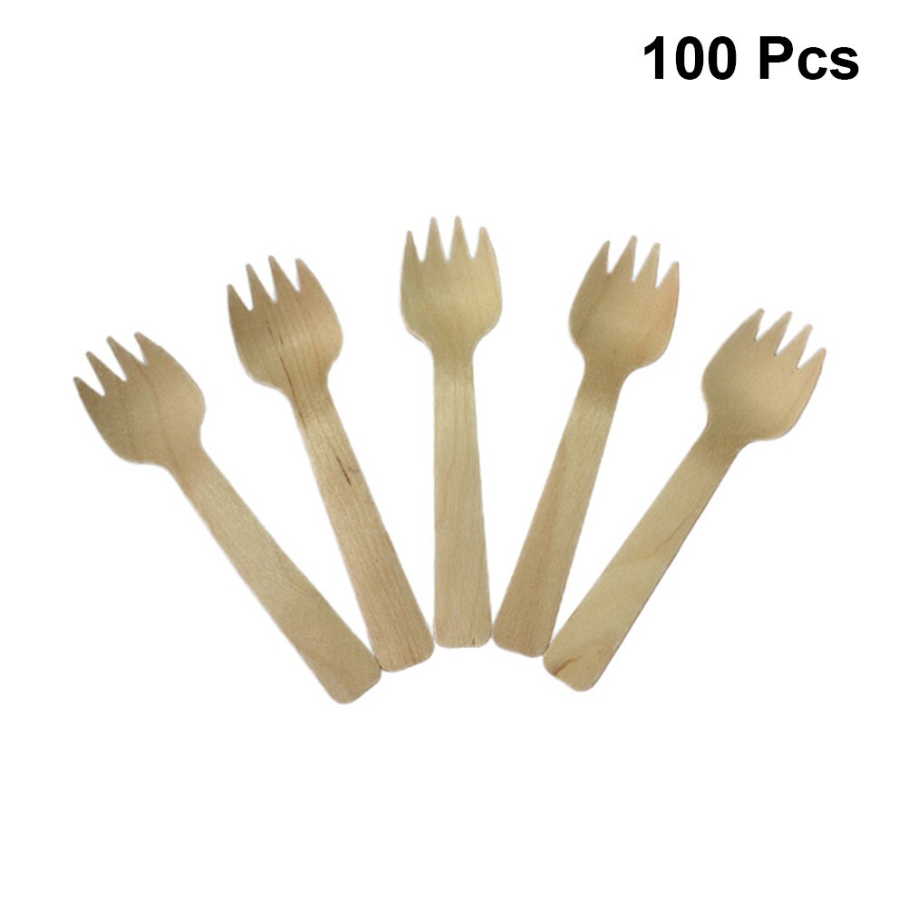 100 stuks Wegwerp Houten Vorken Hout Spork Servies Feestartikelen voor Cake Dessert Kaas