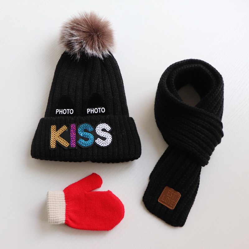 Baby hat scarf gloves three - piece set Autumn winter children's hat scarf Thick woolen hats for boys and girls Cute woollen hat: Black