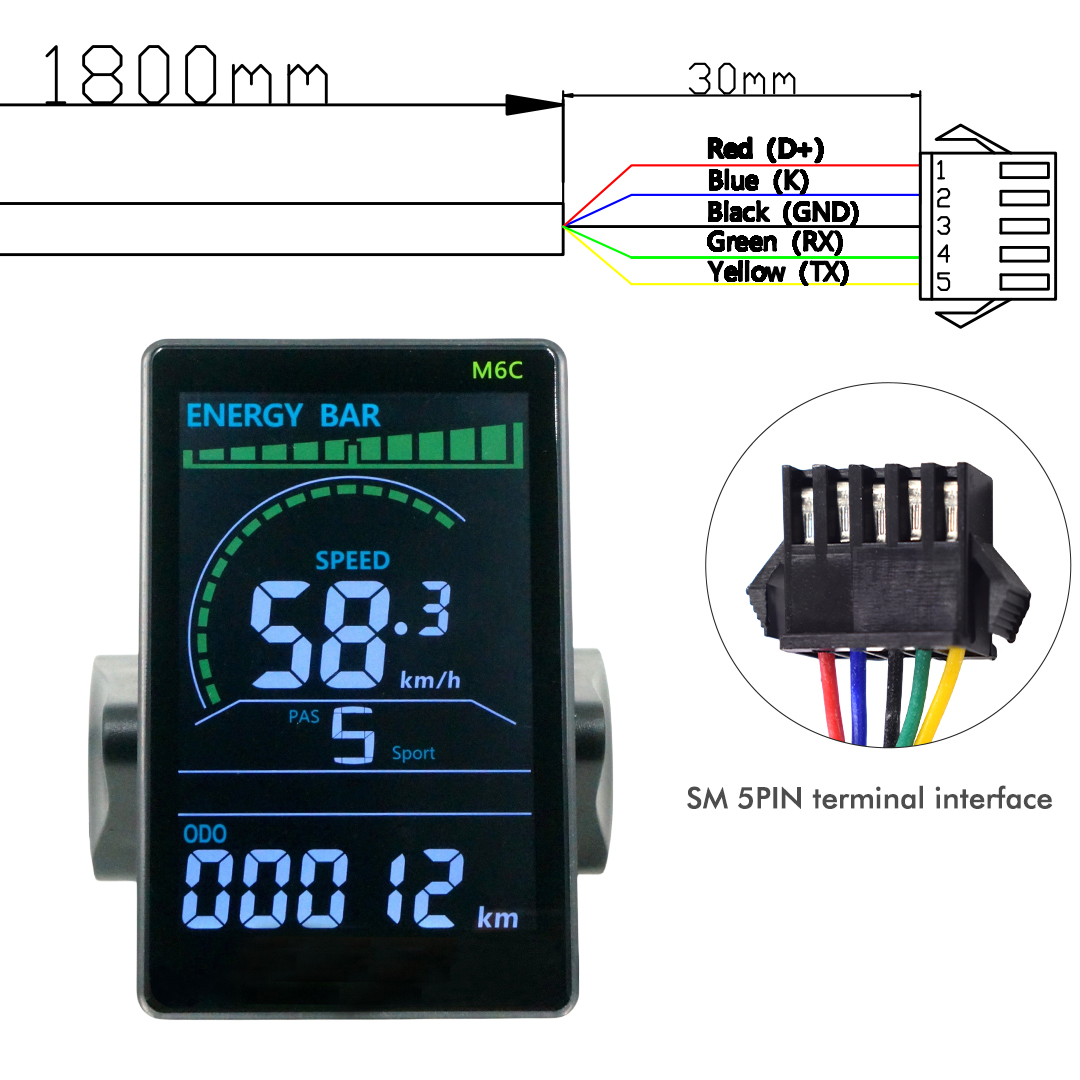 M6C 24V 36V 48V Elektrische Fiets LCD Display Meter Waterdicht E Scooter LCD Panel Kleurenscherm met USB Voor Mountain Elektrische Fiets: Licht Geel