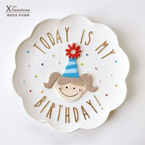 European Style Birthday Plate for Boys and Girls Hand-painted Dessert &amp; Bread Plate Porcelain Candy Plate: Girl