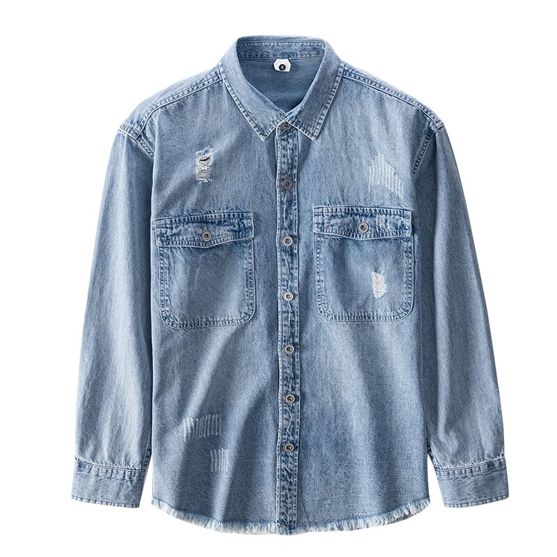 Ripped Denim Shirt for Men Turn-down Collar Cotton Vintage Tops Male Double Pocket Decoration Cowboy Clothes