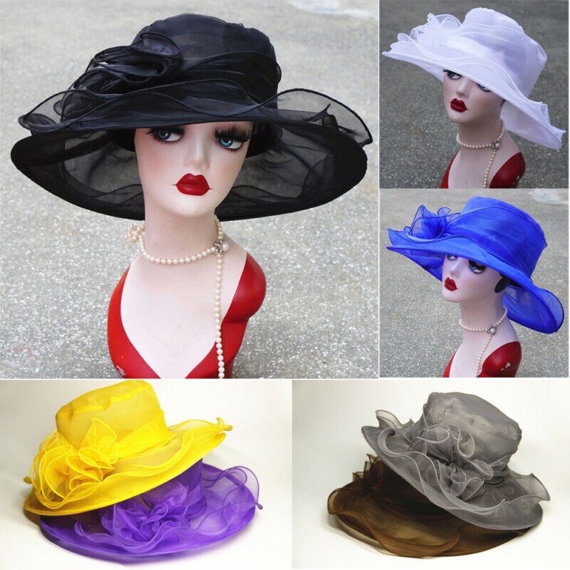 Zomer Vrouwen Mesh Zonnehoed Organza Floppy Wide Brim Kentucky Derby Elegante Brede Zonnehoed Beach Wear Voor Lady wummer