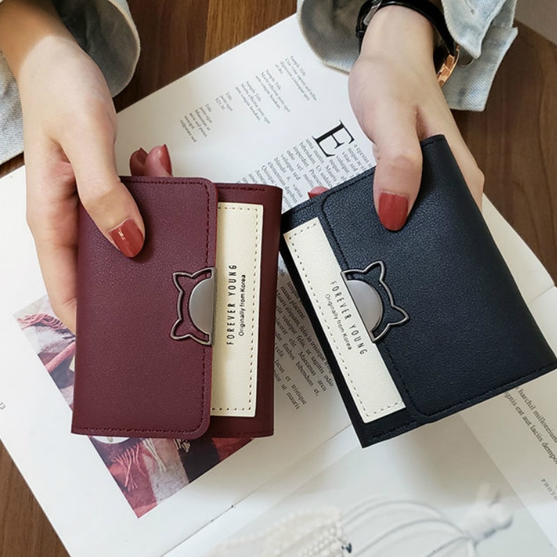 Tegnebøger kvinder kortholder søde panelerede korte pu læder kobling tegnebog chic ins mini pung damer kat koreansk stil taske
