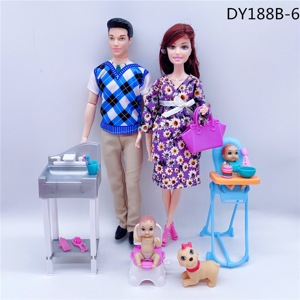 Fashionable 11.5”/30CM male doll + pregnant woman doll dress/small stroller/baby bed/children and girls toys accessories: Pink