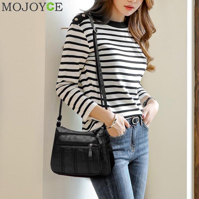 Messenger bag kvinner pu lær stor kapasitet multi lomme glidelås skulder håndveske ren farge uformelle crossbody vesker