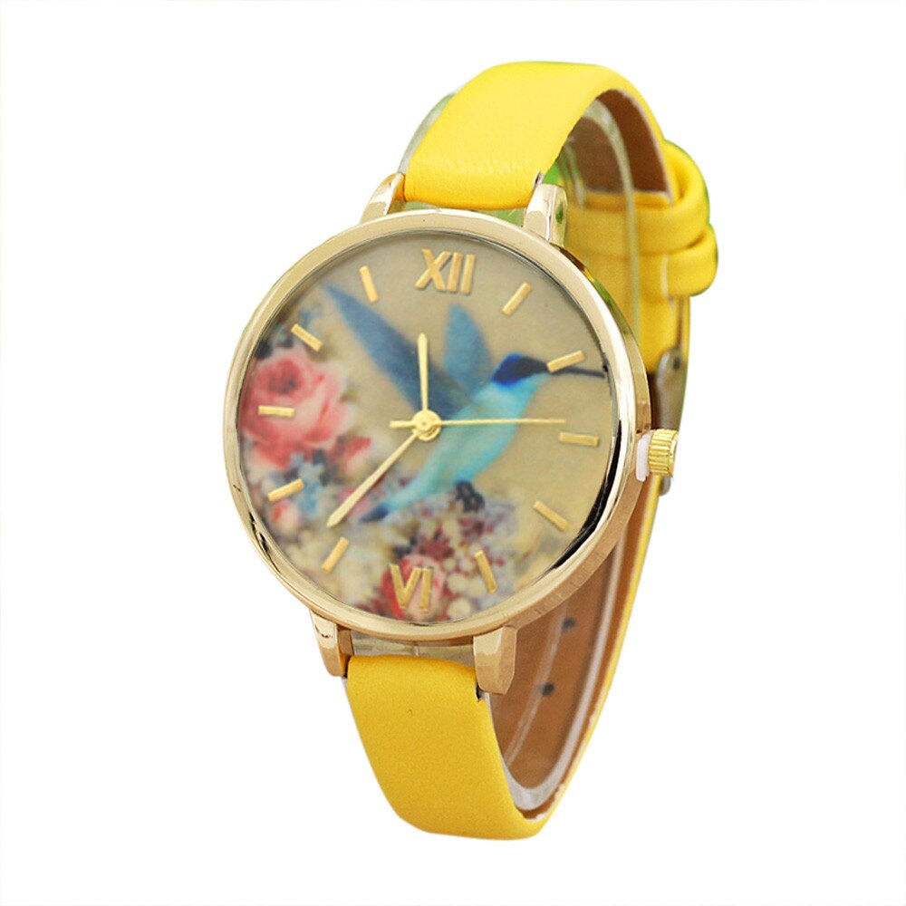 Vrouwen Jurk Leather Horloges Bloem Gedrukt Horloge Analoge Quartz Analoge Horloges Relogio Feminino: Yellow