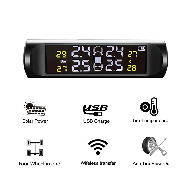NewSolar Tpms Car Tire Pressure Alarm Monitoring System 4 External Automatic Alarm System Tire Pressure Temperature Warning