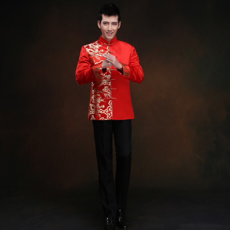 Czerwona tunika mężczyźni tradycyjny chiński mężczyzna orientalne męskie ubrania shanghai tang top cheongsam ślub chiński garnitur tang dla mężczyzn