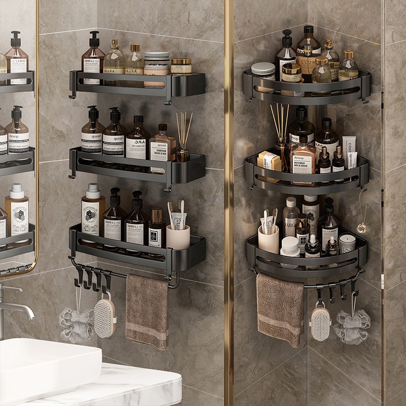 Luxury Bathroom Shelf Shower Shampoo Holder With Hooks Toilet Oragnizer Rack Corner Storage Rack Bathroom Accessories