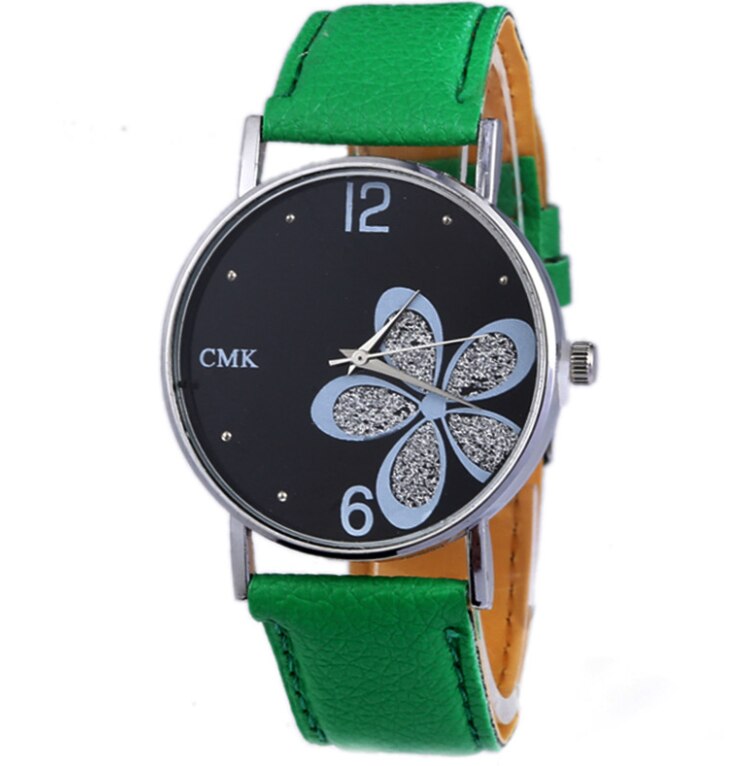 Watches Women Leather Strap Flower Female Clock Ladies Quartz Wrist Watch Montre Femme Relogio Feminino: Green