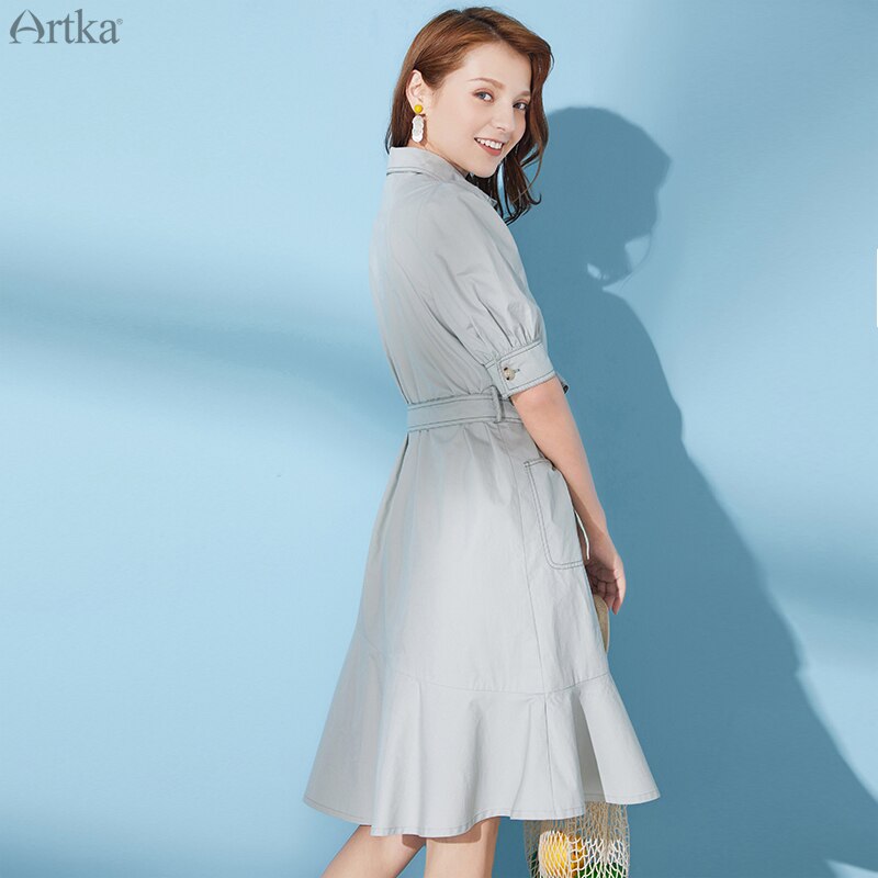 ARTKA Sommer Neue Frauen Jahrgang Puff Hülse einreiher Kleid Mit Schärpe drehen-unten Kragen Baumwolle Hemd kleider LA21301X