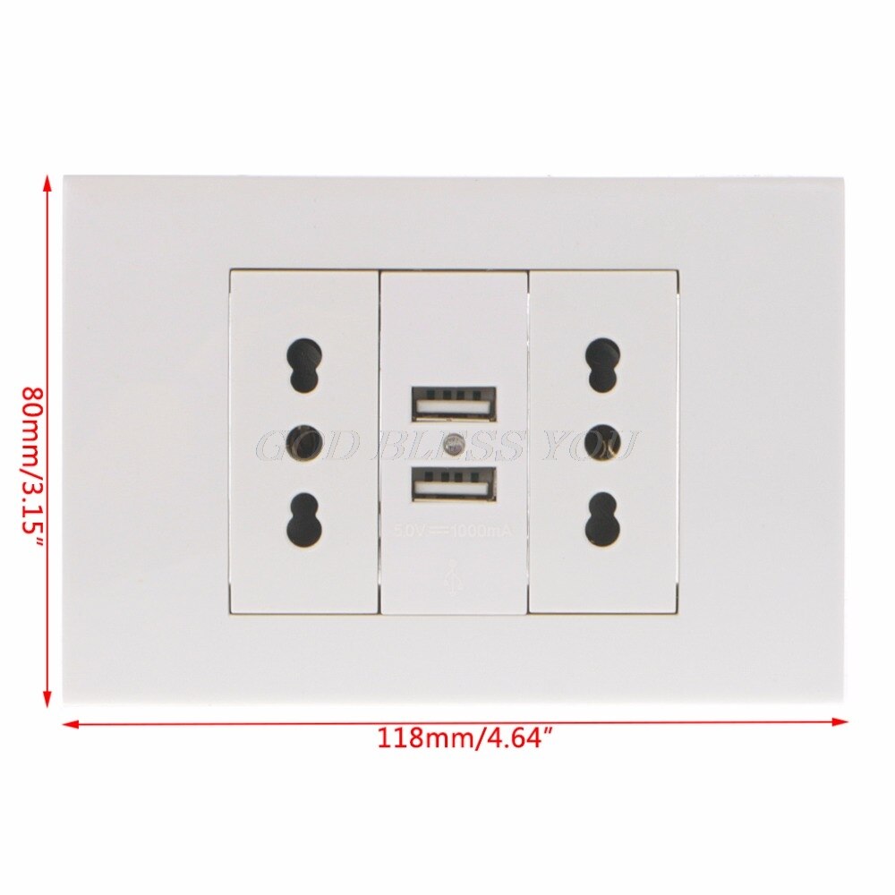 16A Wall Double Italian/Chile Plug Power Socket Adapter Dual USB Ports Panel 5V 1A ABS Sockets