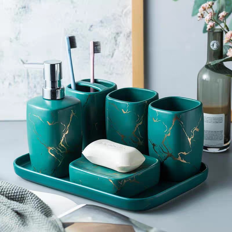 Marmer Keramiek Badkamer Set 5Pcs Zeepdispenser/Tandenborstel Houder/Tumbler/Zeepbakje Lade Badkamer Decoratie accessoires