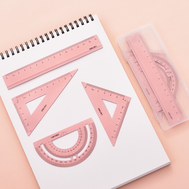 DELI Metal Ruler 20cm Set Stationery for Students Straightedge Triangle Ruler with Wave Line Protractor, Compass Triangle Plate: 15cm pink
