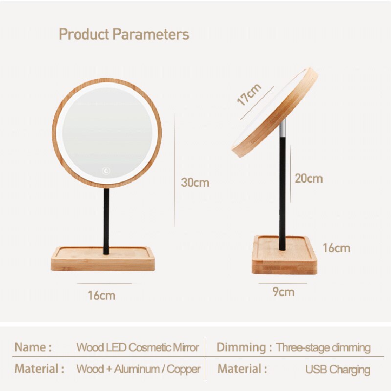 Monokrom trä skrivbord led sminkspegel usb justerbar ljus diffust 360 rotations ljus upp spegel