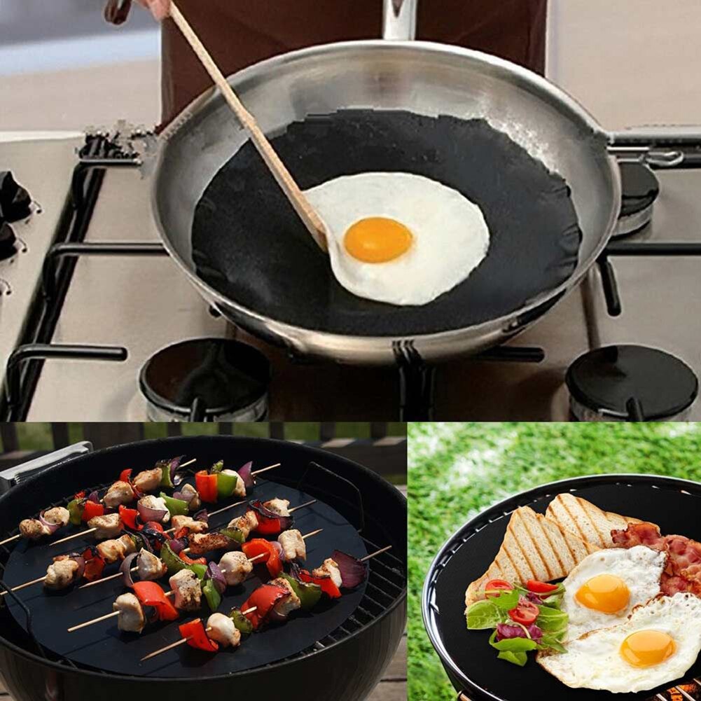 Round BBQ Grill Mats 25 cm Non-Stick Reusable Coating Grilling Mats PFOA-Free Cooking Pads for Pan Grill
