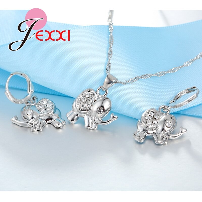 Lovely 925 Sterling Silver Chain Cubic Zirconia Elephant Necklace Earrings Sets Bijoux Dress Jewelry Accessories