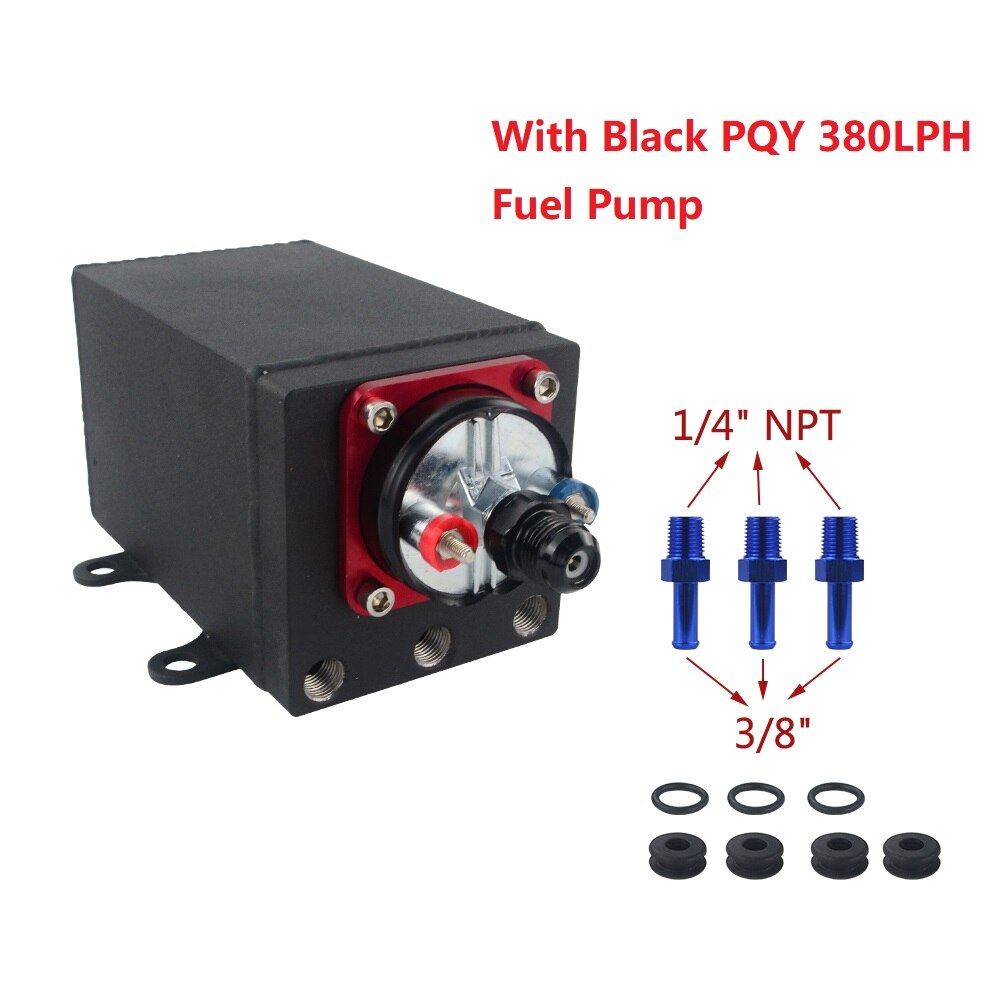 Single Fuel Pump Surge Tank Oil Catch Can Compatible with 044 Fuel Pump or 380 LPH Black PQY Fuel Pump With Different Fittings: NPT Black fuel pump