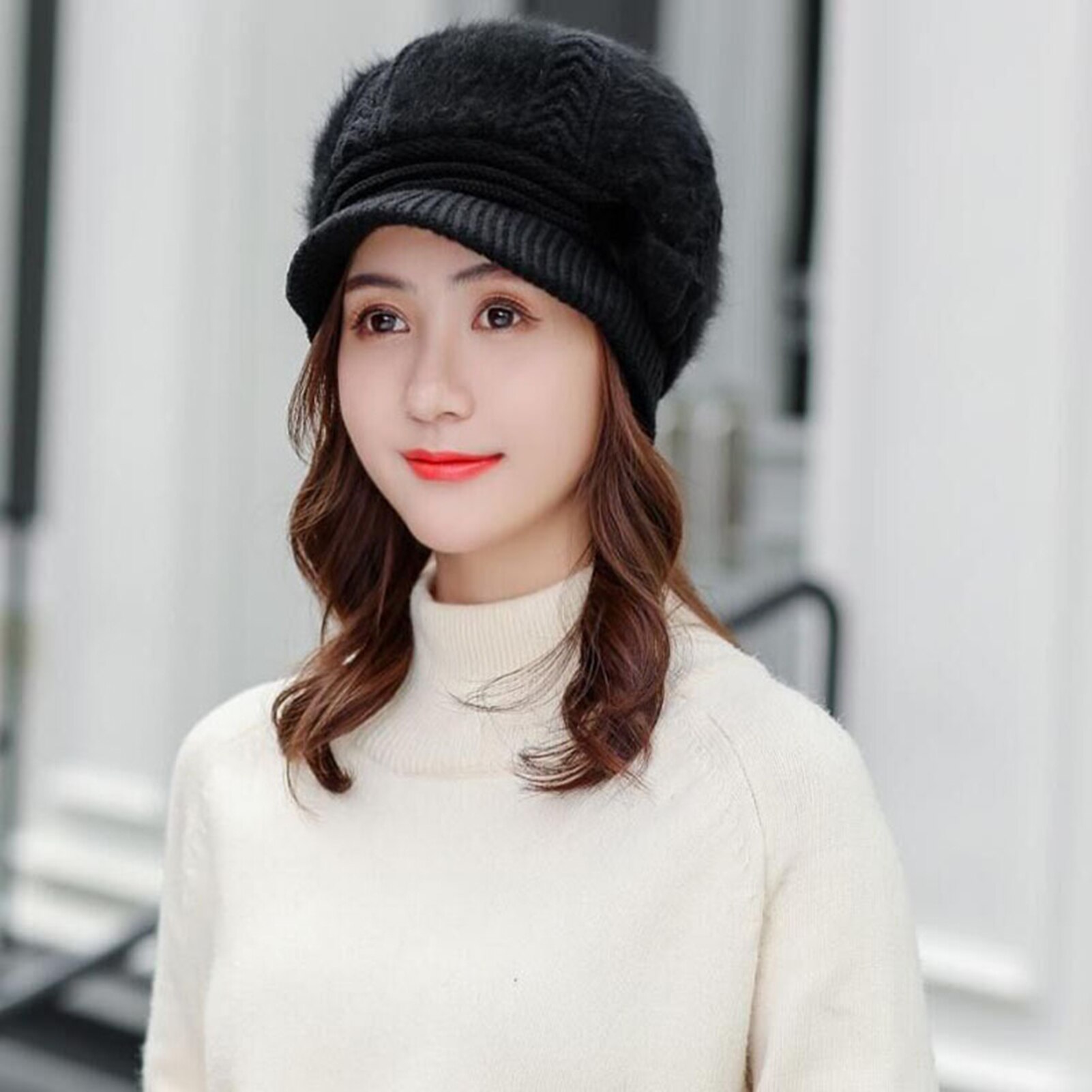 Winter dames gebreide baret muts met klep verguld roze wijnrood warme zachte effen muts dames imitatiebont muts