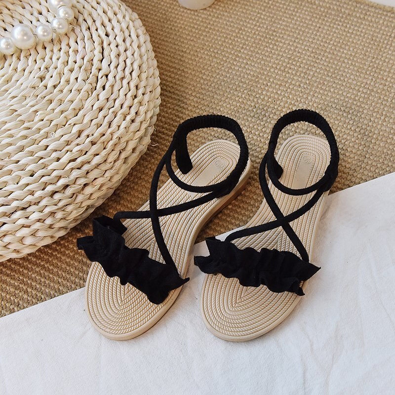 Summer Women's Shoes Sandals Elastic Flat Solid Casual Sandals Strappy Gladiator Beach Sandals Ladies Flip Flops