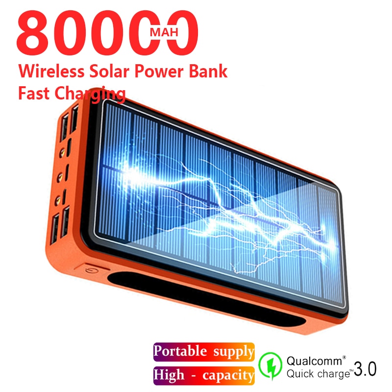 Banco de energía Solar inalámbrico Qi de 80000mAh, Cargador rápido portátil para teléfono, carga externa, 4 USB, para acampar al aire libre
