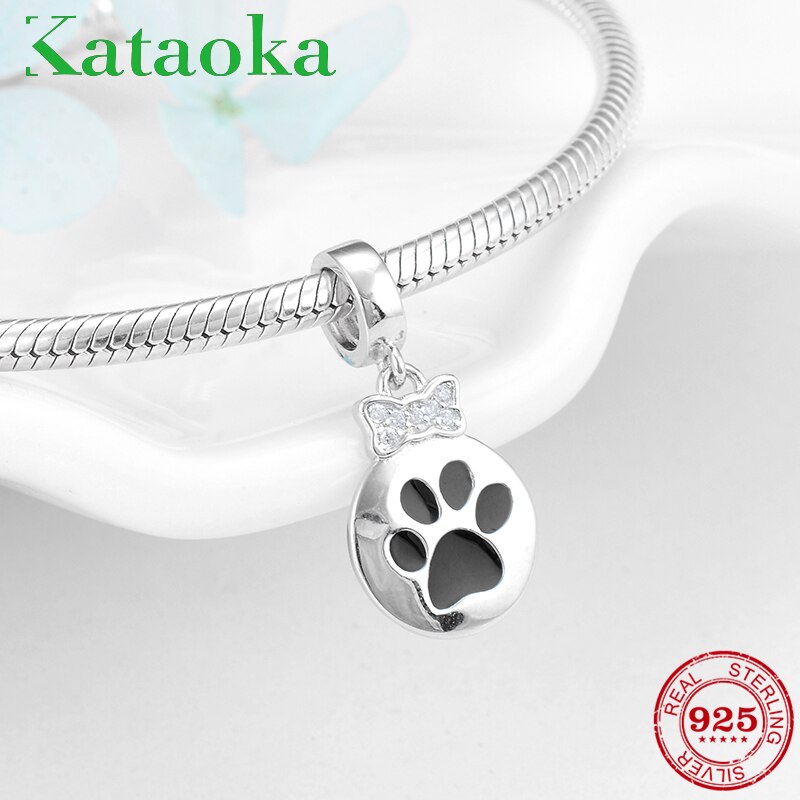 Neue 925 Sterling Silber Bogen CZ schöNe katze Pfote drucken schwimm Reize für Schmuck Machen passen Original Kataoka Charme Armbinde