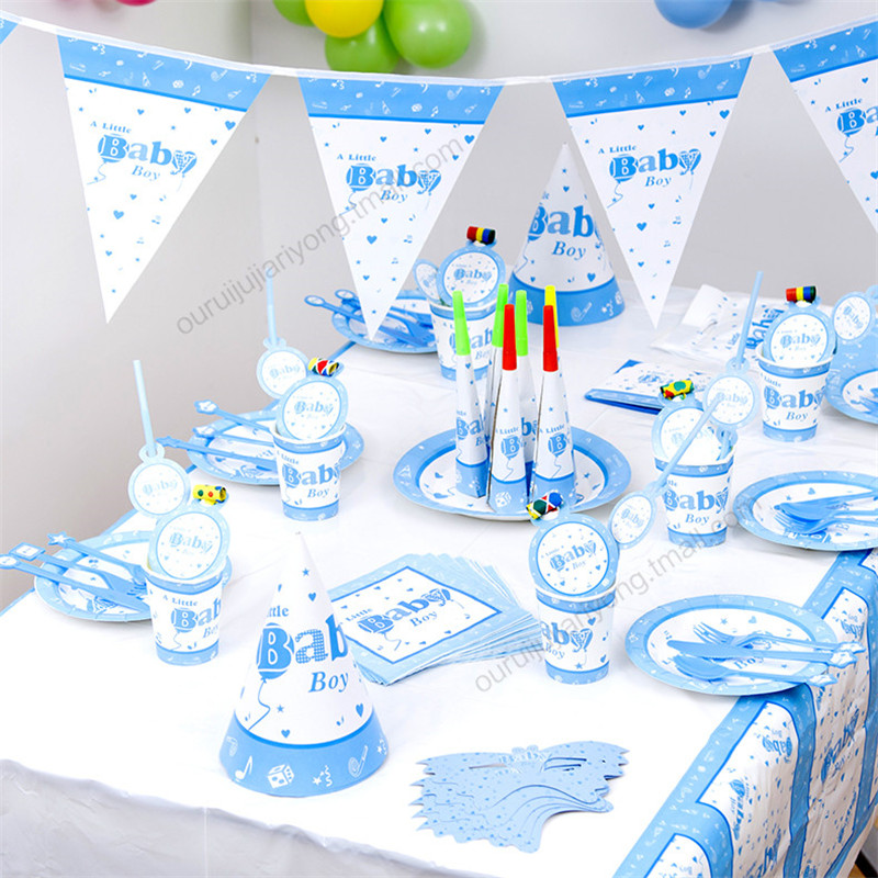 Baby Party Supplies Set 6 People Blue Boy Theme Birthday Party Tableware set kids Boys Party Supplies Set
