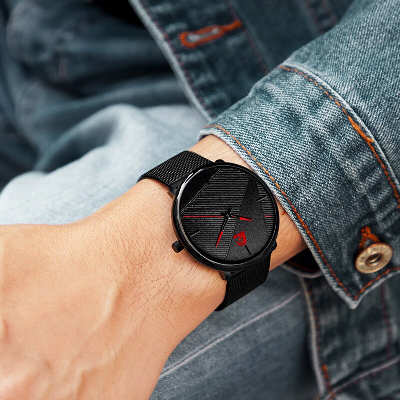 Herreure simple mænd business ultra tyndt rustfrit stål mesh bælte quartz ur minimalistiske armbåndsure til mænd