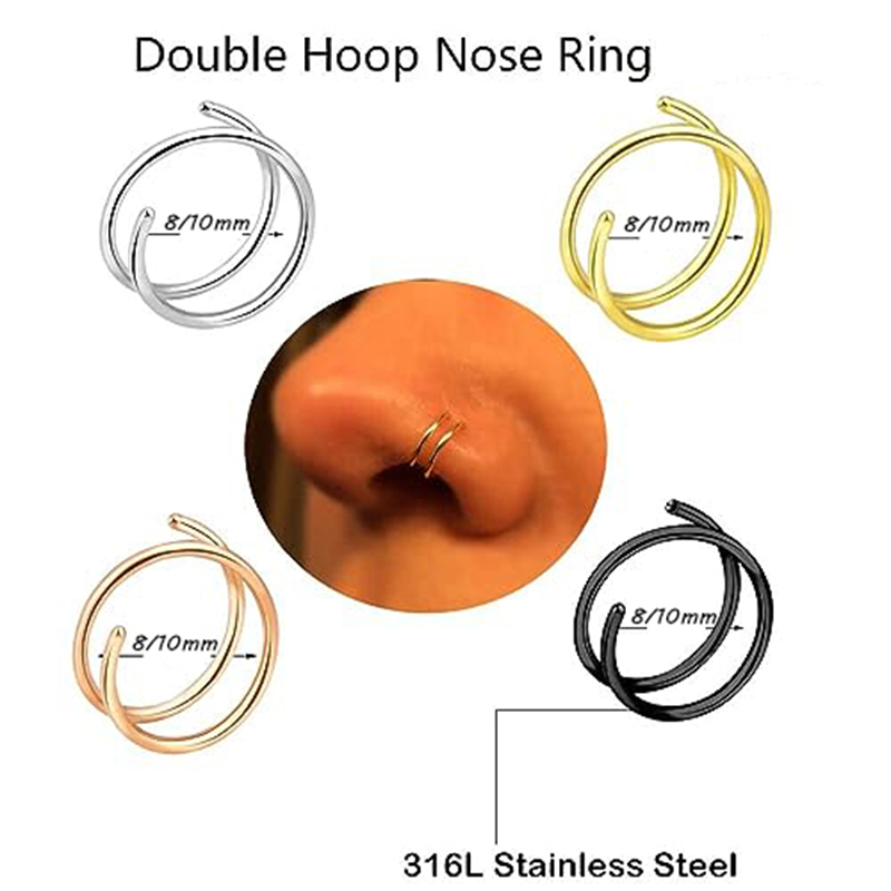 Anillo de nariz de doble aro de acero inoxidable para un solo Piercing, anillo de nariz en espiral cómodo 20G 8/10mm anillos de nariz finos joyería para Piercing