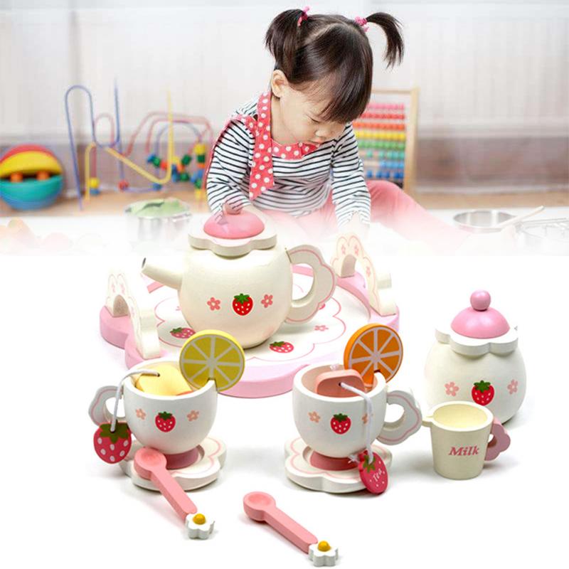 Meisje Keuken Creatieve Keramische Thee Set Speelgoed Kinderen Mini Thee Set Houten Pretend Play Met Doos Kom Fruit Slice cup Lade Lepel