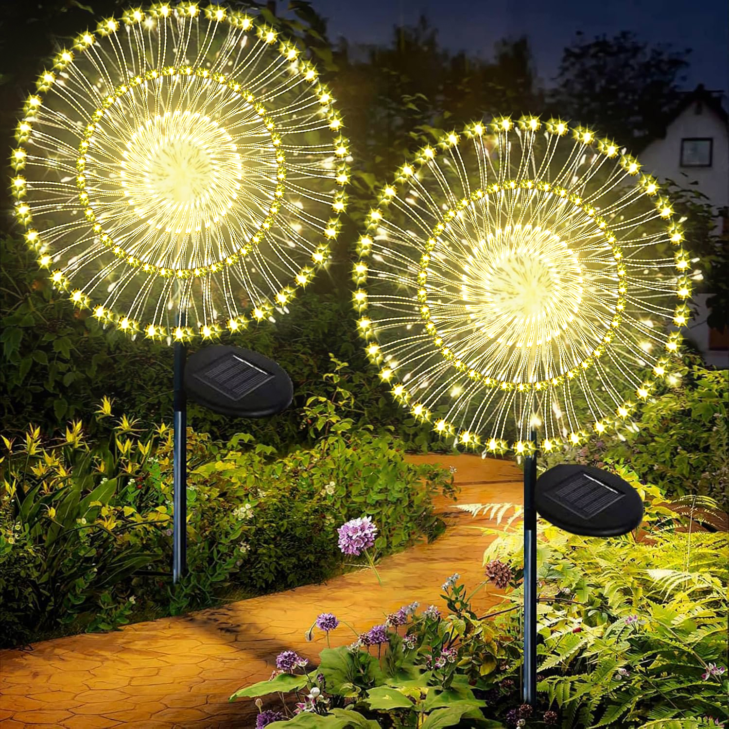 Luces solares para jardín al aire libre, 60/200/420LED, estaca de iluminación de diente de león, luz Solar de fuegos artificiales para decoración de césped de Navidad y Halloween: BLANCO / 6-10 W