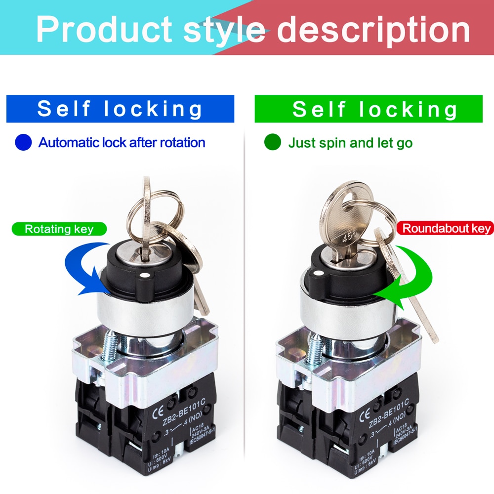 1pc XB2 Panel Mounted Key Rotary Start Locking or Self reset Pushbutton Switch 2Positions/3Positions XB2-BG 22mm