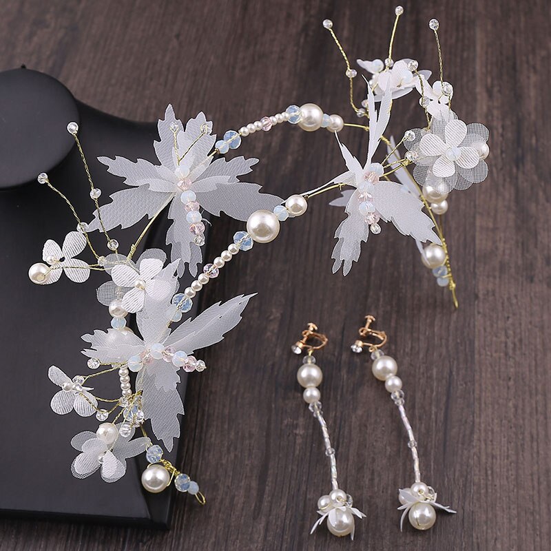 GETNOIVAS Wedding Dress Headband Venetian Pearl Cloth Art Butterfly Headdress White Fairy Headpeice Earrings Set Jewelry Set SL