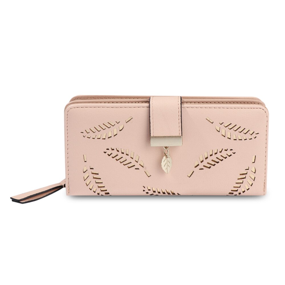 Long Women Wallets Lady Party Clutch Long Hollow Leaf Leather Wallet Card Button Clutch Purse Long Handbag Folding Wallet: apricot