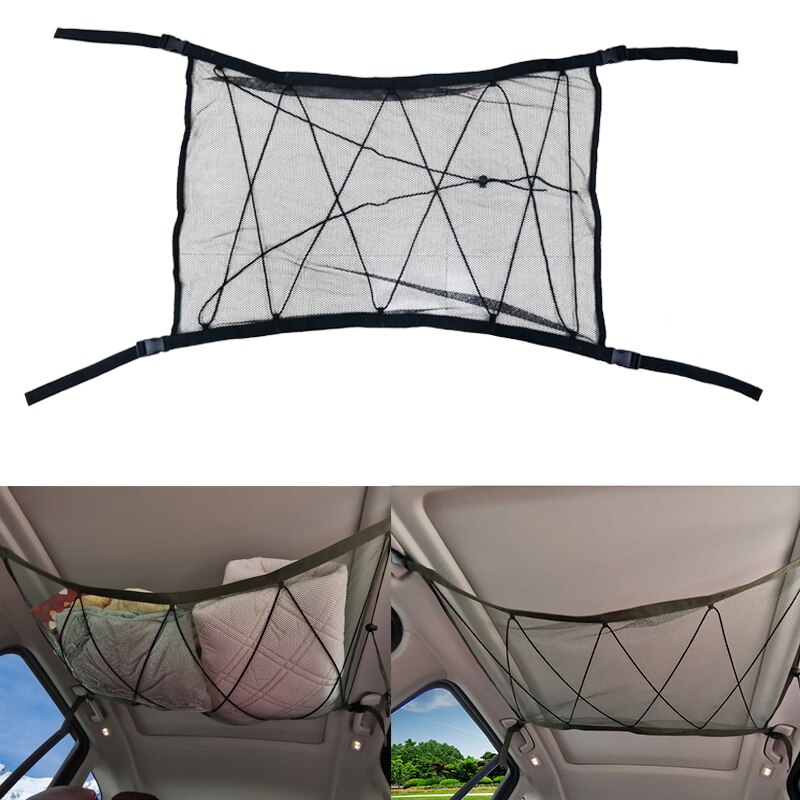 Bil tak lagring mesh med glidelås snor universell bagasjerom last organisator oppbevaringspose, bil tak interiør last nett bag: Helt svart løpesnor