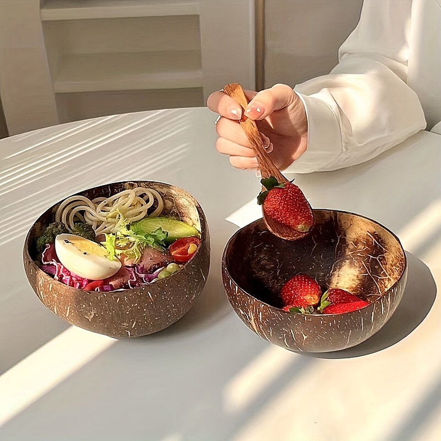 1/2/4 juegos de cuencos de cáscara de coco con cucharas, contenedor de postre de arroz, fruta, yogur, ensalada, vajilla de madera para el hogar y la cocina